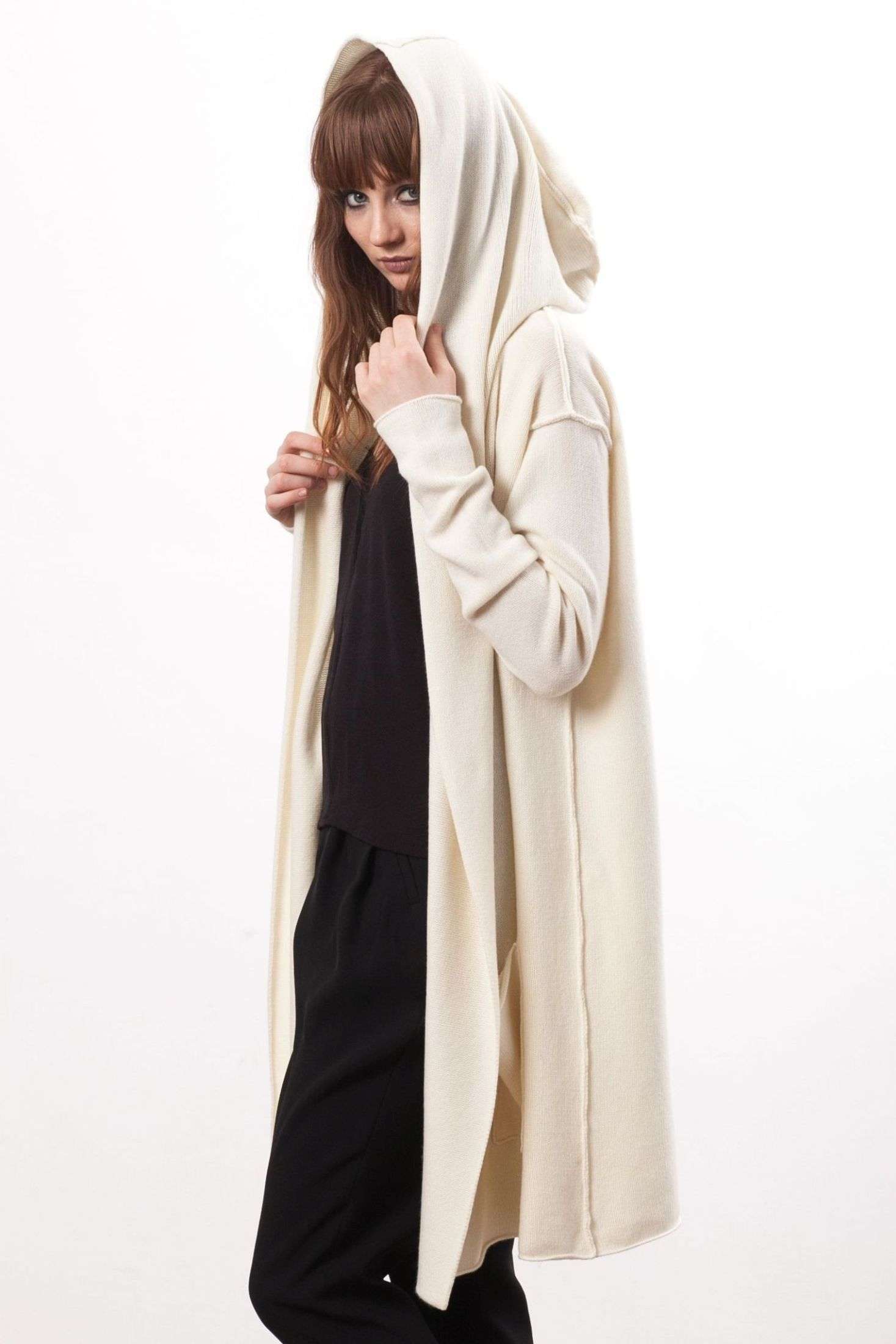 Off-white cashmere wrap cardigan with hood EDITH from the side