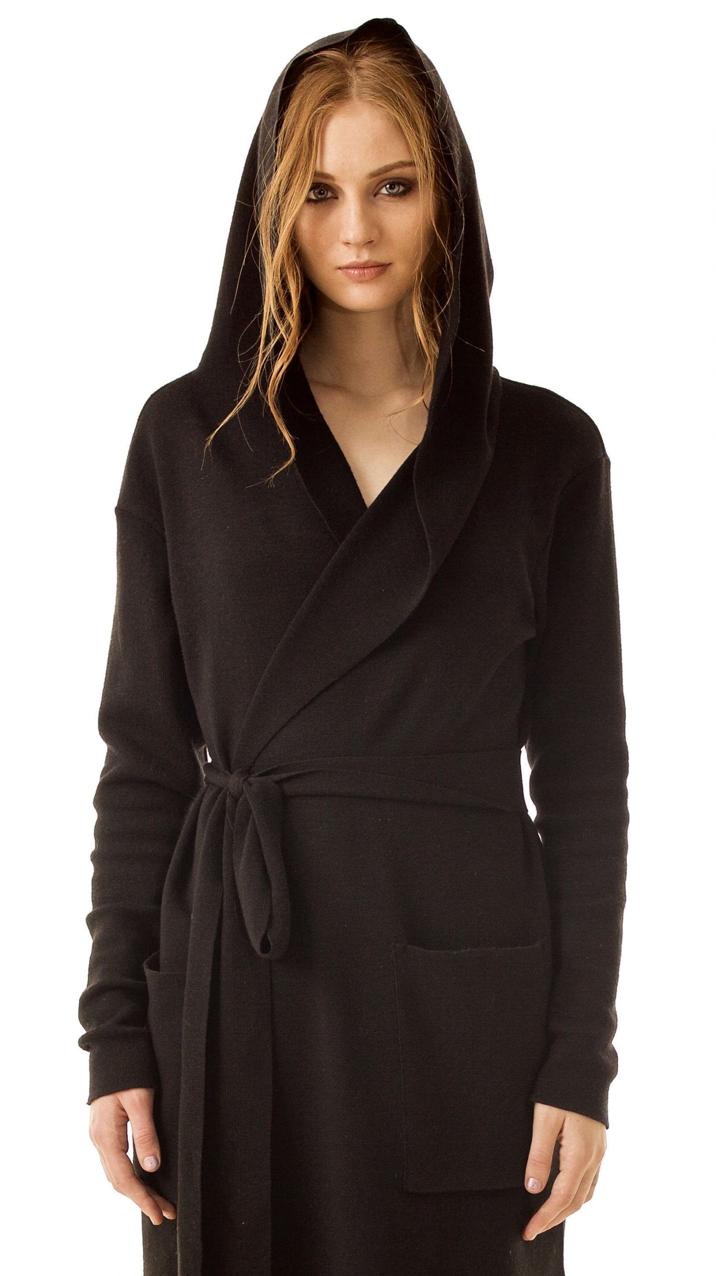 Black merino wrap open front hooded womens cardigan damen strickjacke EMILIE B