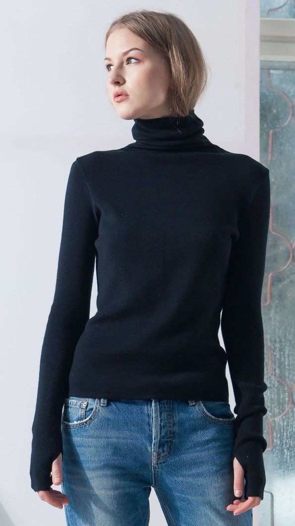 Black merino slim fit turtleneck womens sweater damen pullover ADA