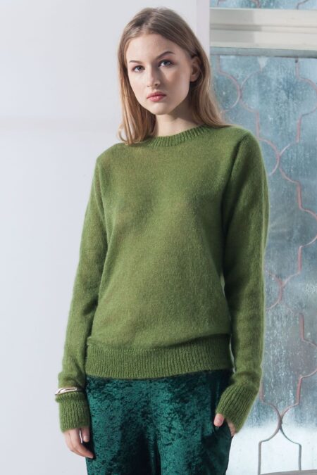 Woman wearing green mohair crew-neck sweater Adele for fall