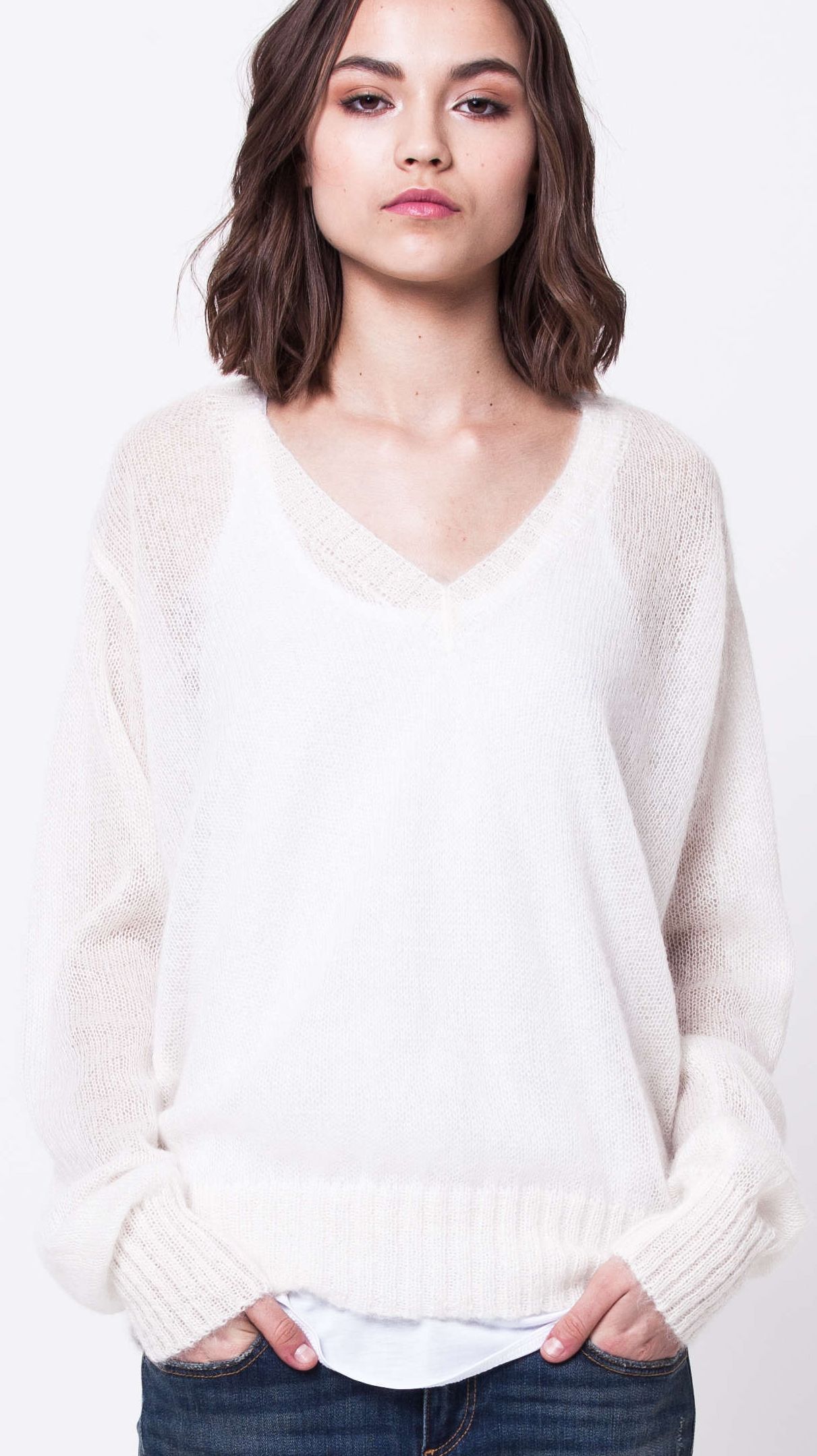 White v-neck mohair sweater damen pullover LINN