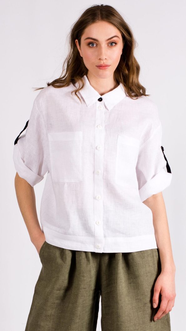 White linen womens shirt blouse jacket with pockets