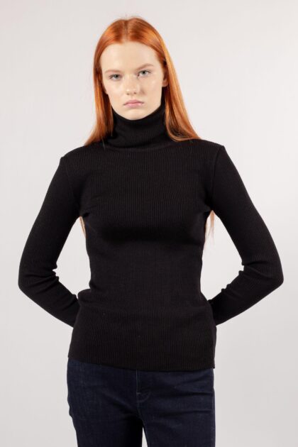 HELGA: Black Merino Turtleneck Sweater with Ribbed Texture - Front View