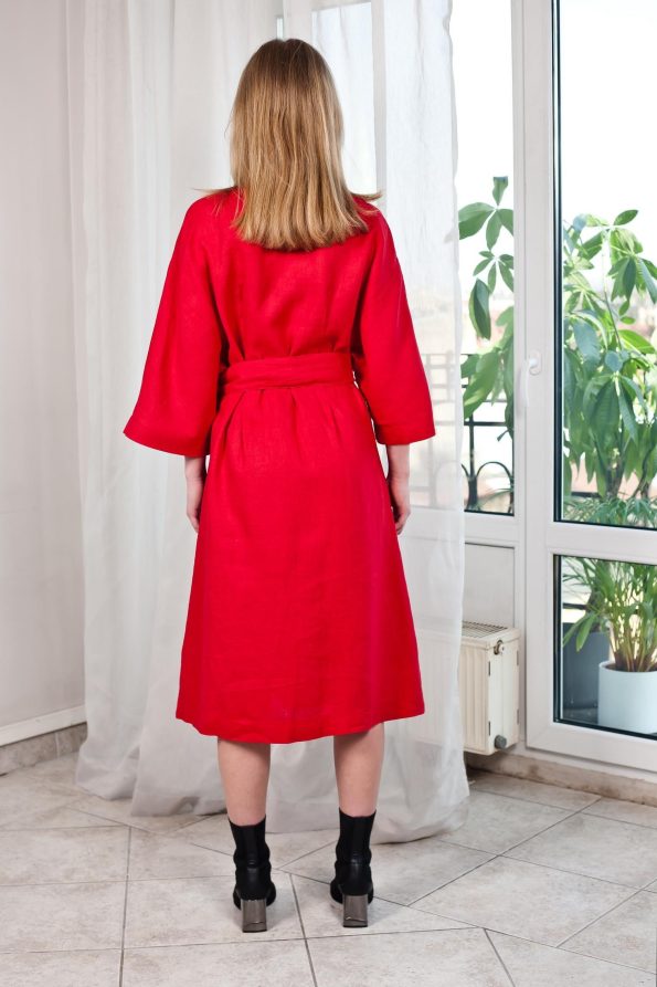 Linen coat long cardigan red womens