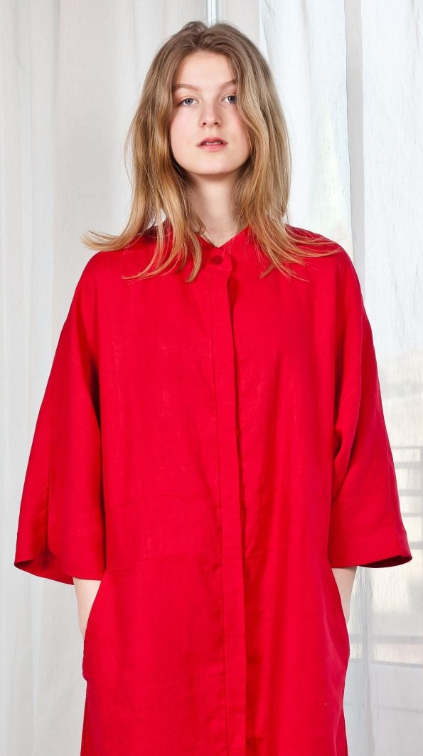Linen coat long cardigan red womens