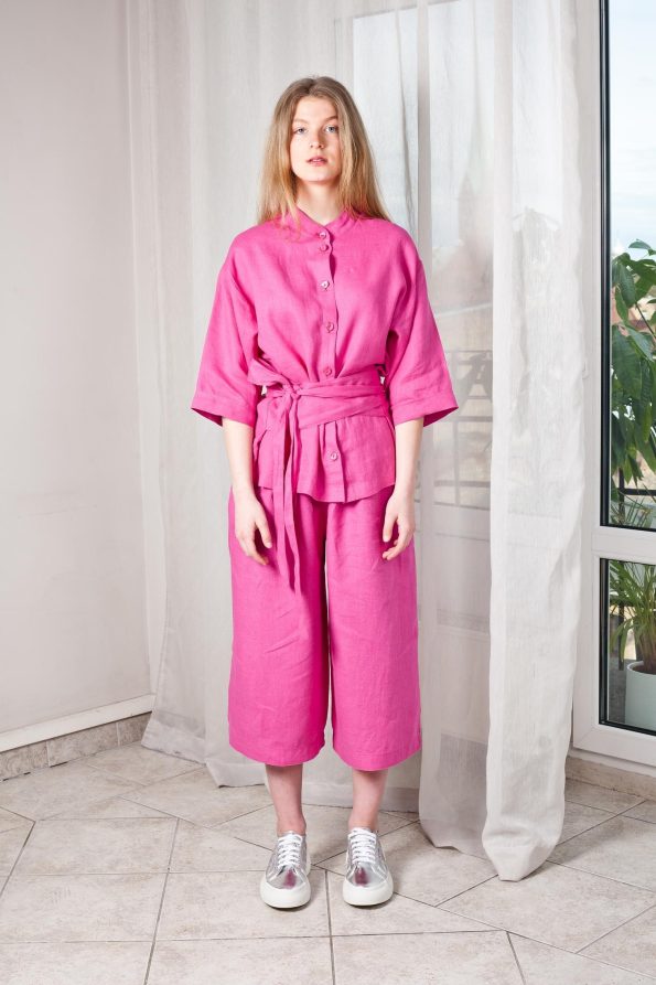 Pink linen top and pants suit