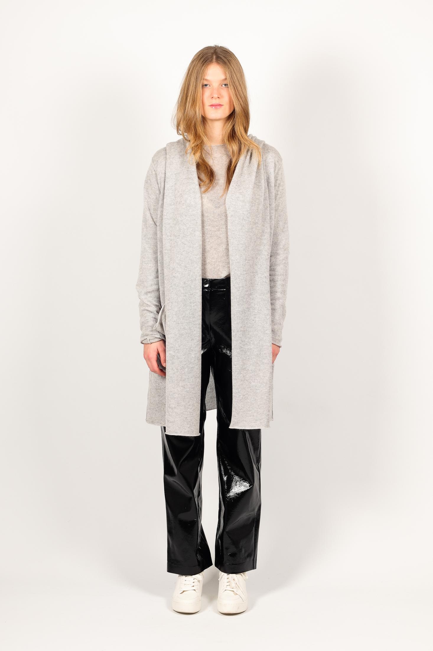 Grey womens cashmere cardigan and black pants