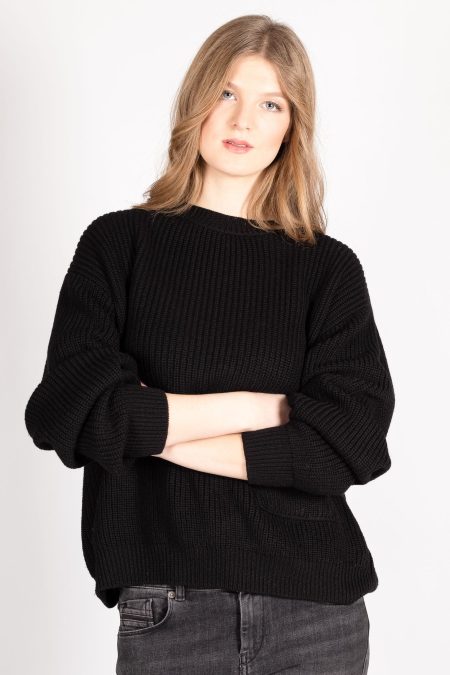 Black chunky crew neck ribbed merino wool sweater KARA