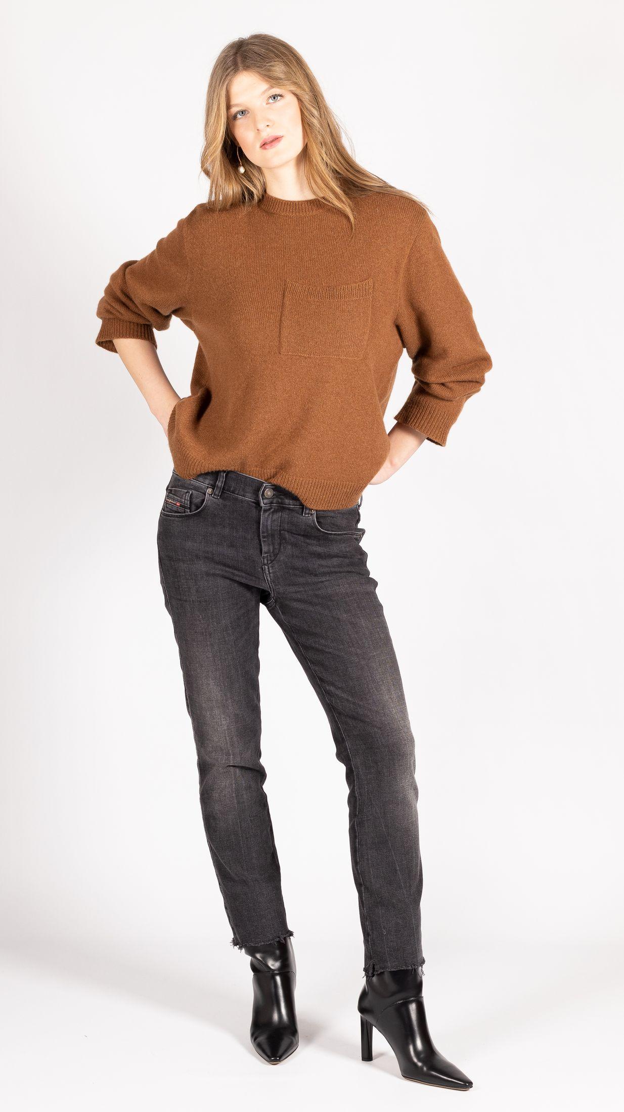 Brown chunky crew neck cashmere sweater with pocket LIVA for women