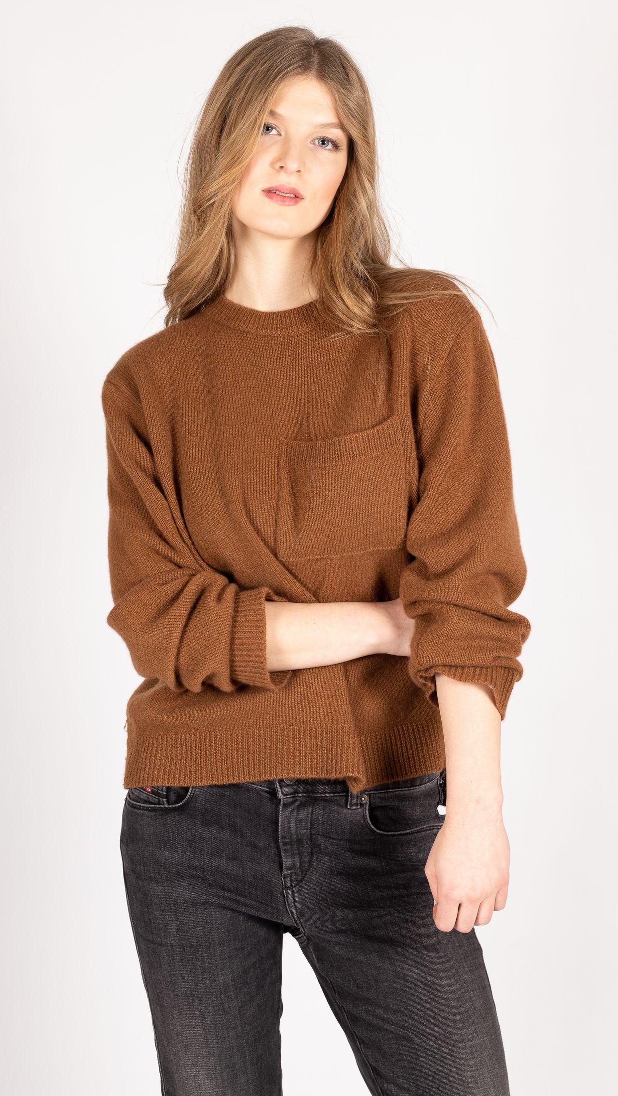 Brown chunky crew neck cashmere sweater with pocket LIVA for women