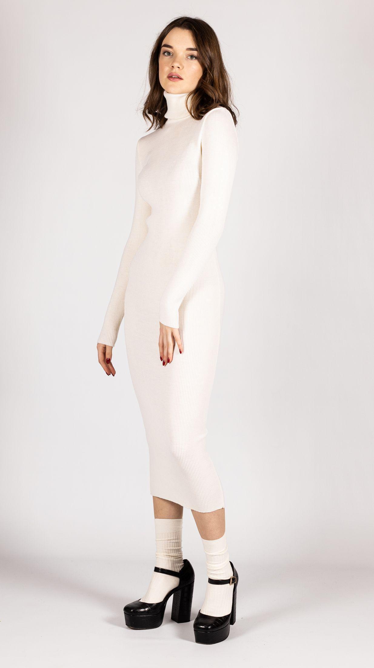 Knit fitted turtleneck dress in off-white merino wool ALICE