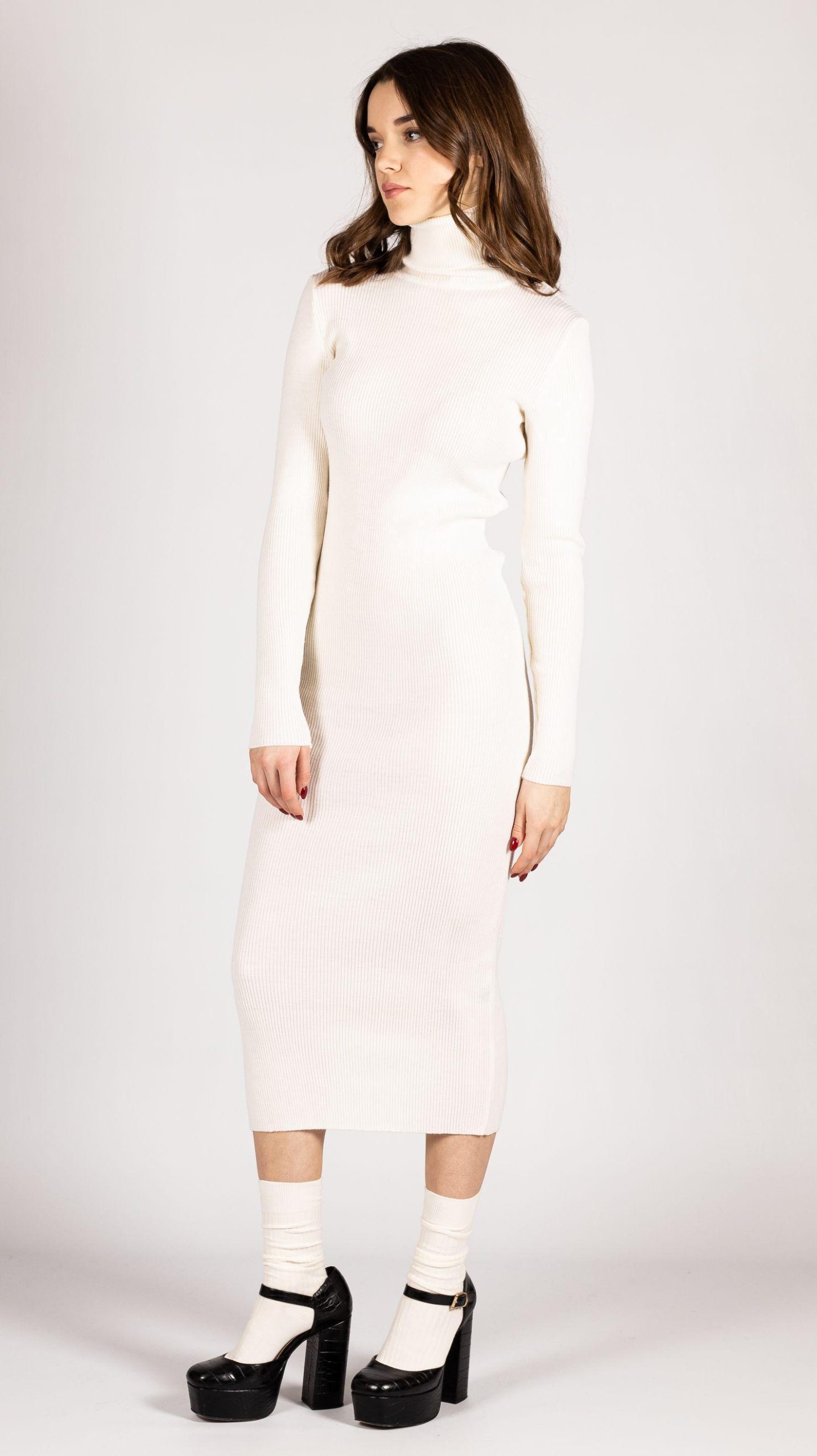 Knit fitted turtleneck dress in off-white merino wool ALICE