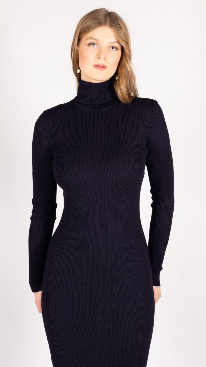 Knit fitted turtleneck dress merino wool ALICE in dark blue navy
