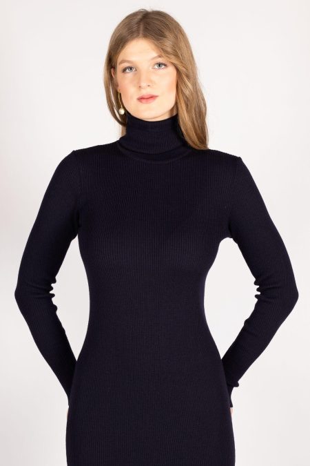Dark blue fitted knit turtleneck dress Alice for women