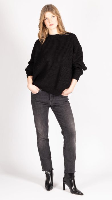 Black merino sweater with grey denims