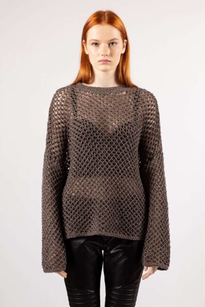 Brown hand knitted mesh sweater DIANA made of 100% linen