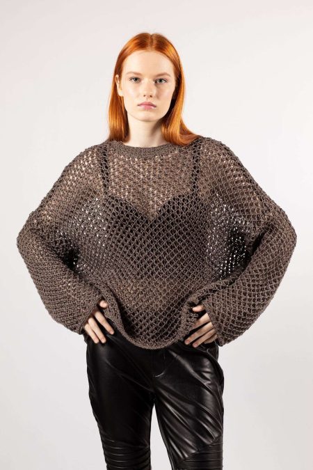 Young women wearing brown linen sweater