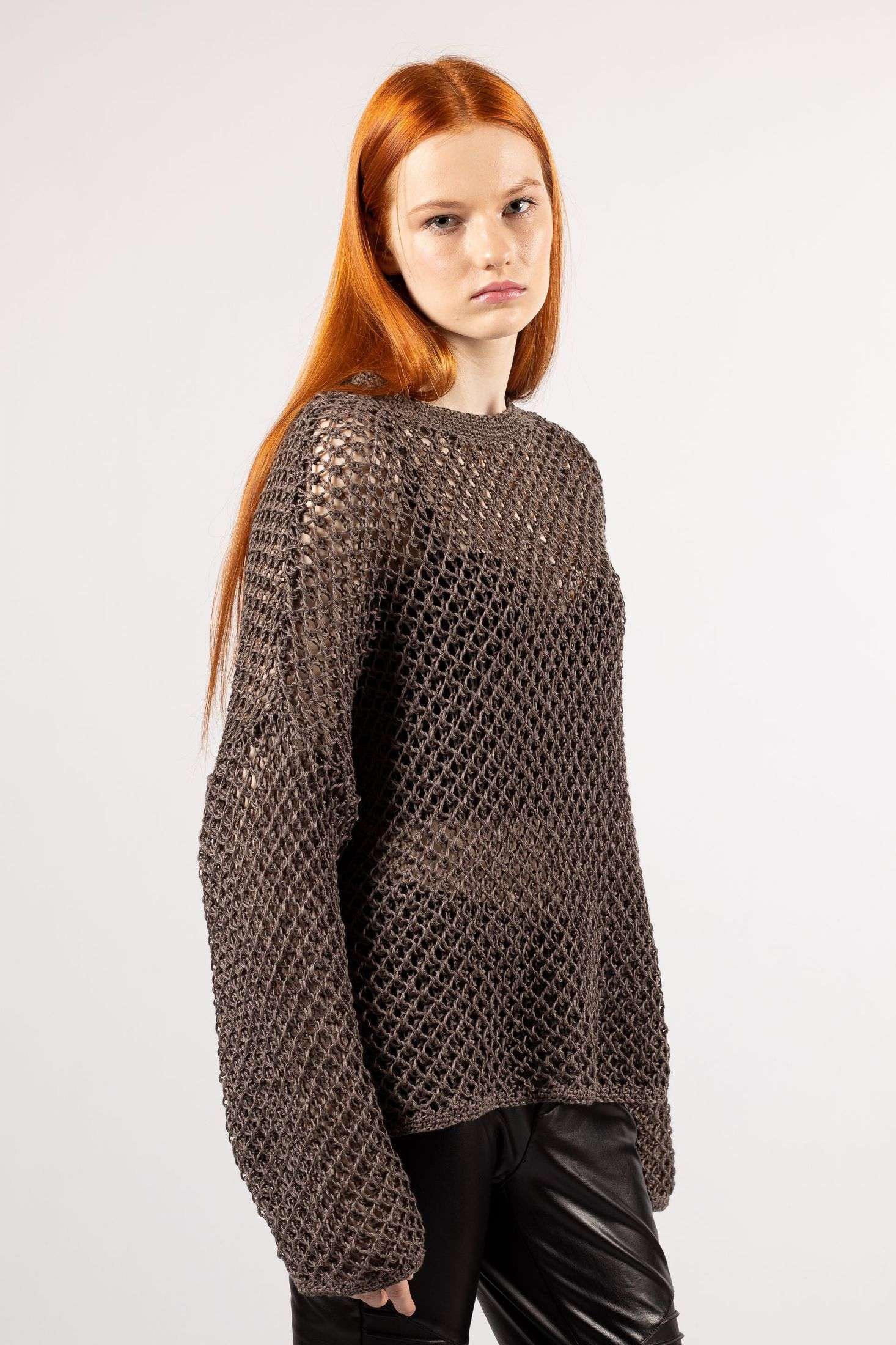 Upgrade your wardrobe with this brown mesh linen sweater, combining style and comfort effortlessly.