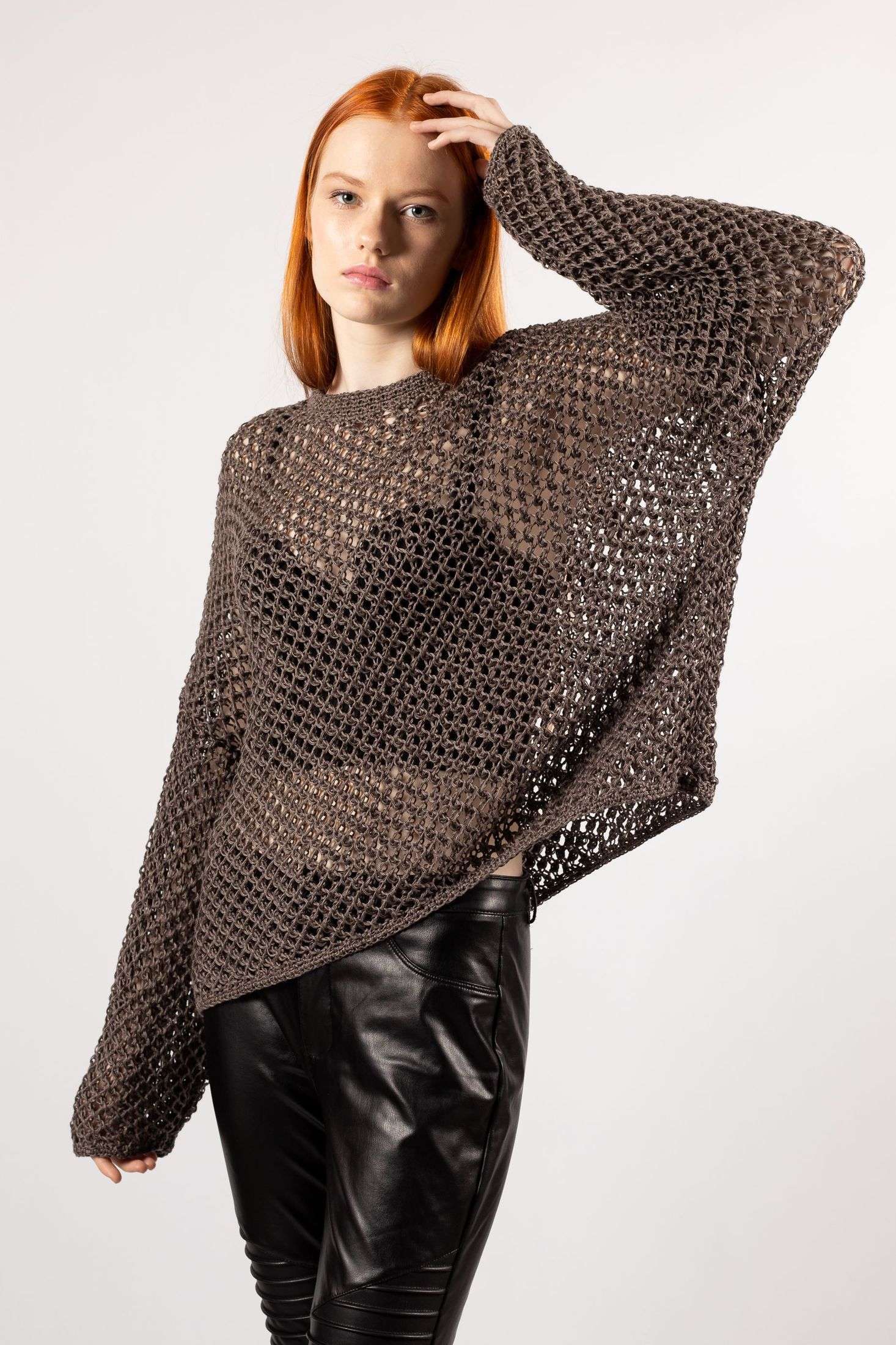 Stay on-trend with this brown linen sweater showcasing a modern mesh pattern for a unique style statement.