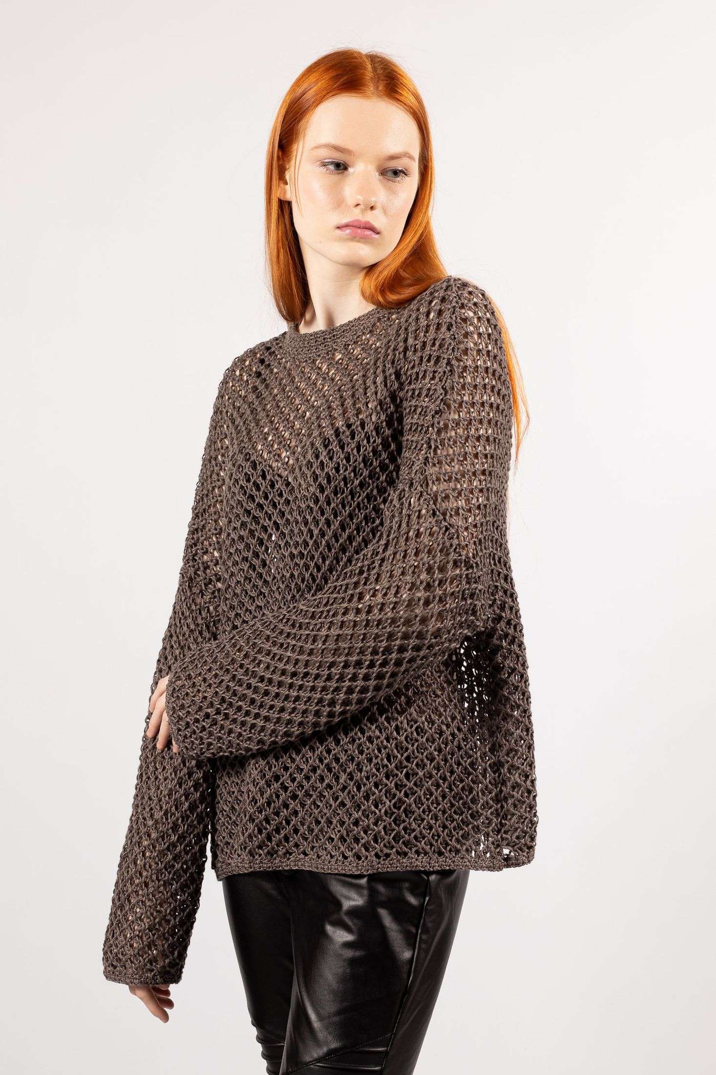 Brown linen hand knit mesh sweater DIANA by Krista Elsta