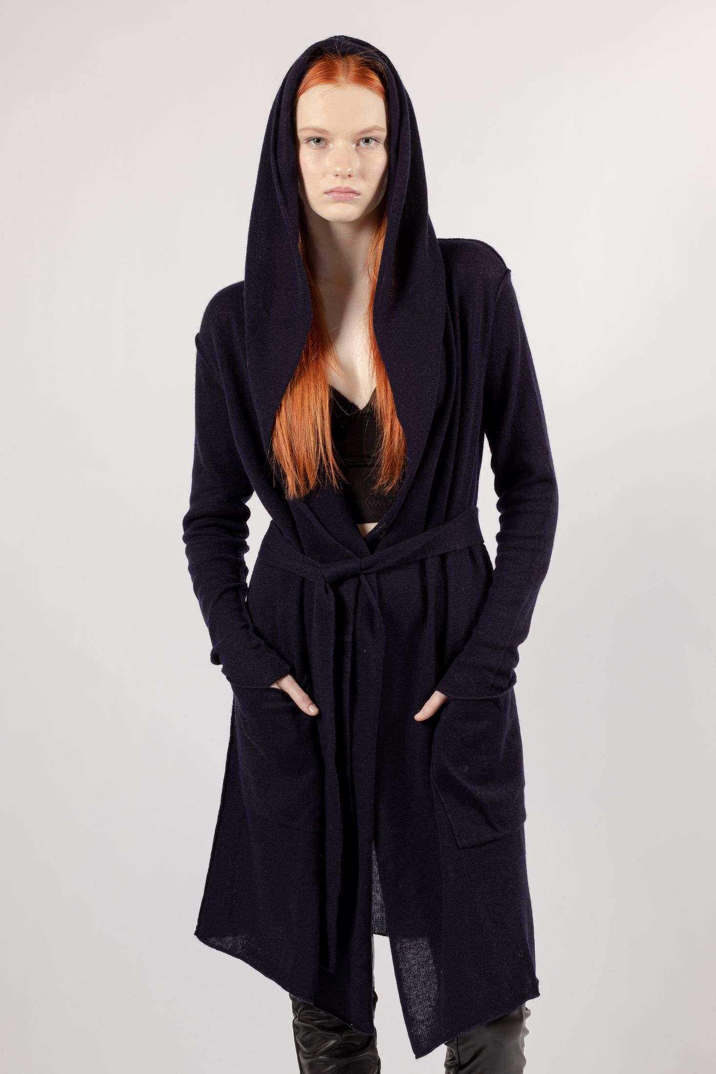 Embrace Comfort with the Alethe Hooded Cardigan in Dark Blue Cashmere