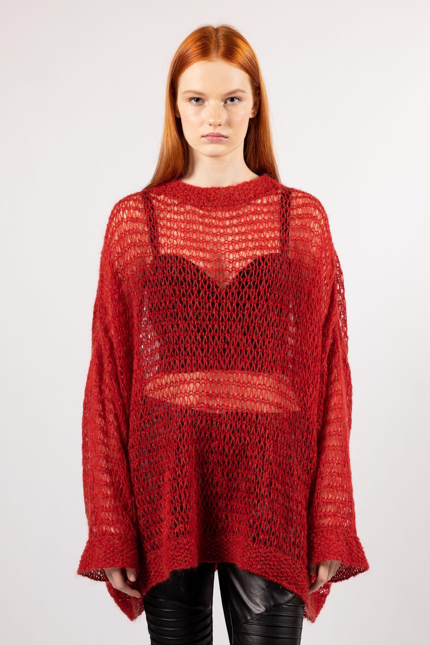 Red mohair open-loop tunic sweater – a hand-knit masterpiece from the IDA fashion collection