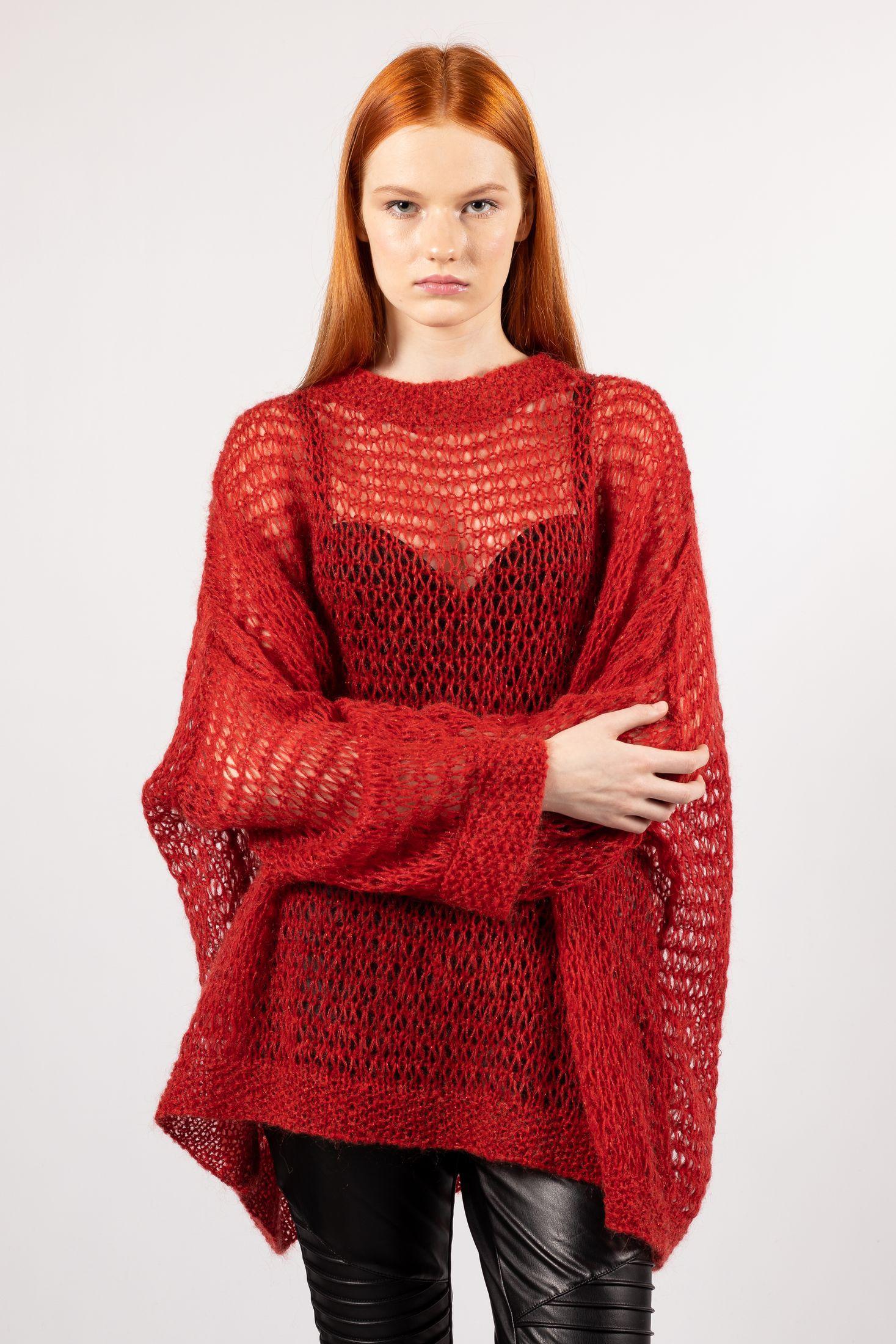 Unique and cozy red mohair tunic sweater from IDA, highlighting an open-loop hand-knit texture