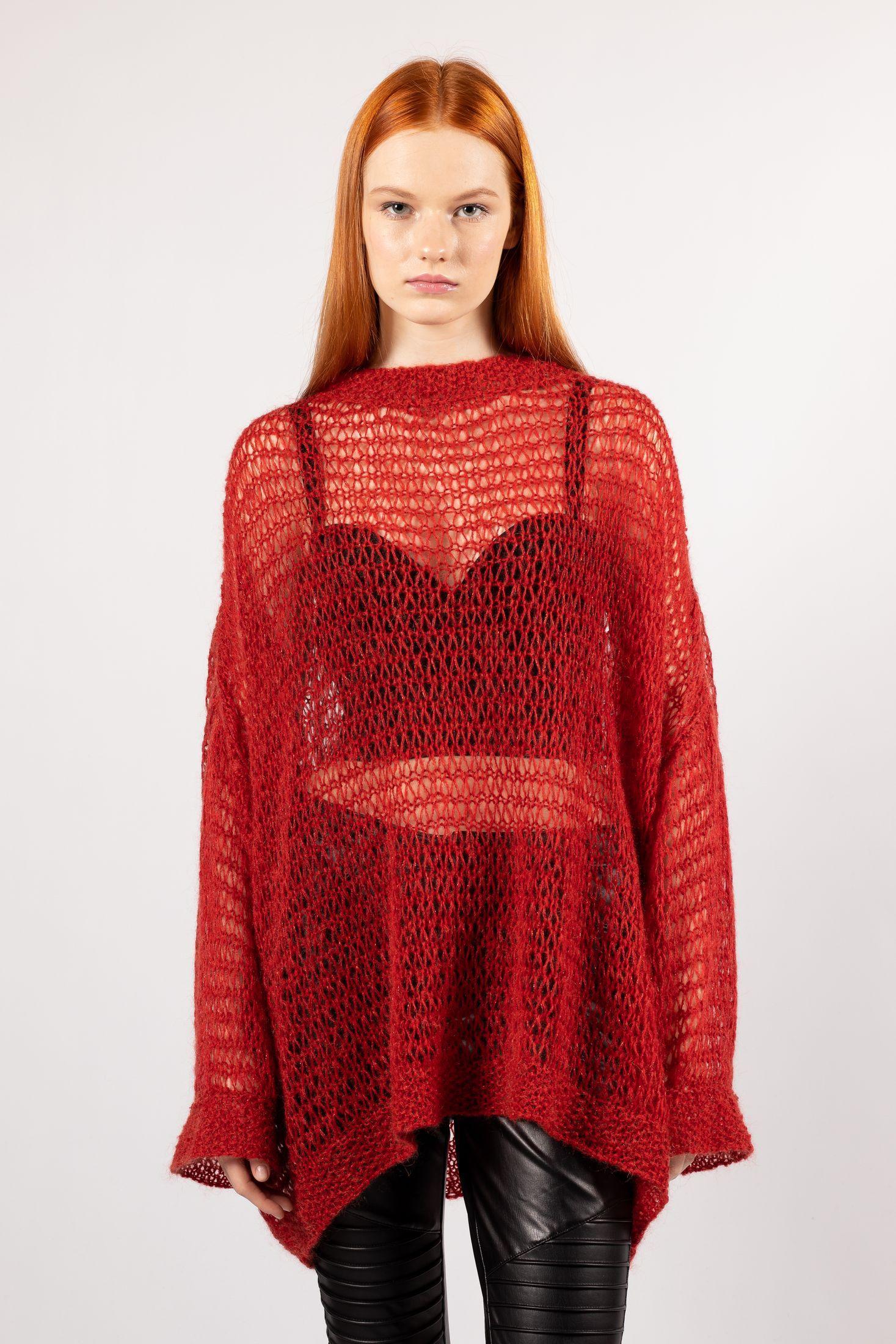 Fashion-forward IDA red mohair sweater featuring an open-loop hand-knit design for a cozy yet chic look