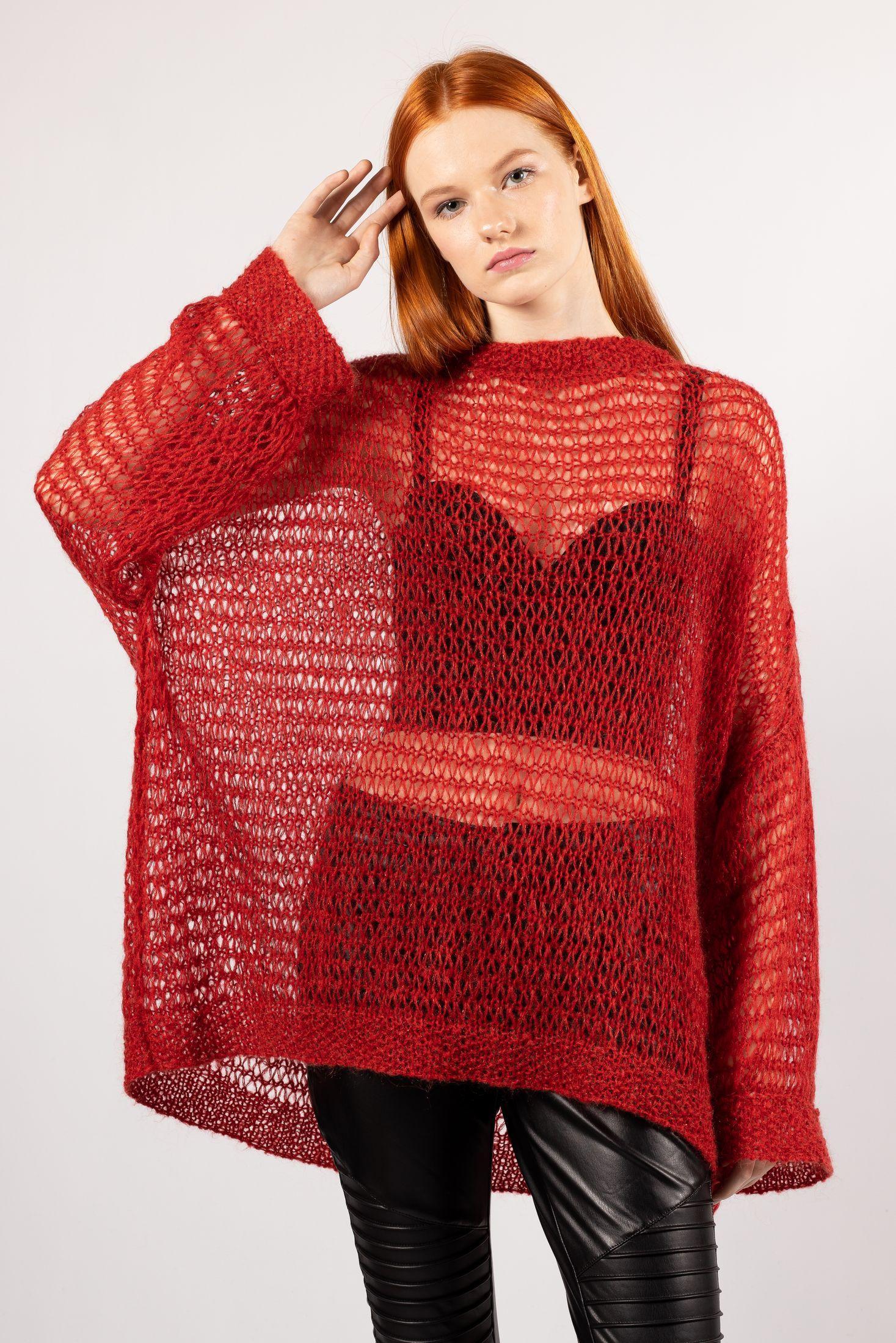 Stunning hand-knit red mohair tunic sweater with an open-loop design, part of the IDA collection
