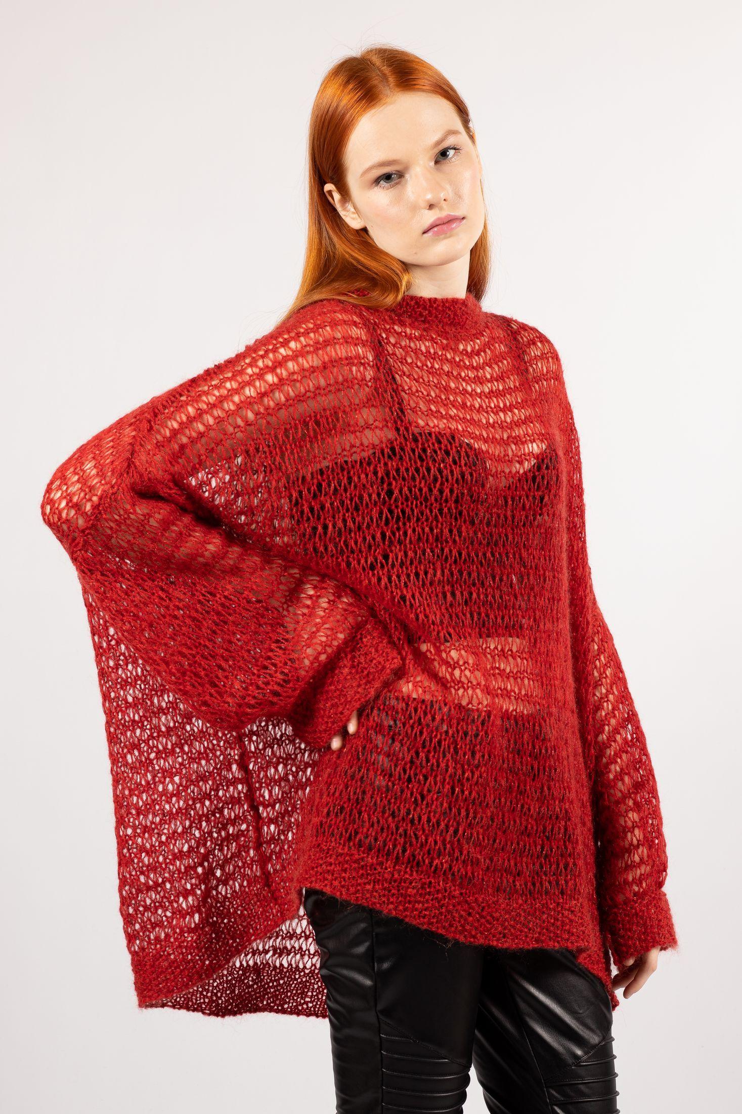 Warm and fashionable IDA red mohair sweater with a distinctive open-loop hand-knit construction