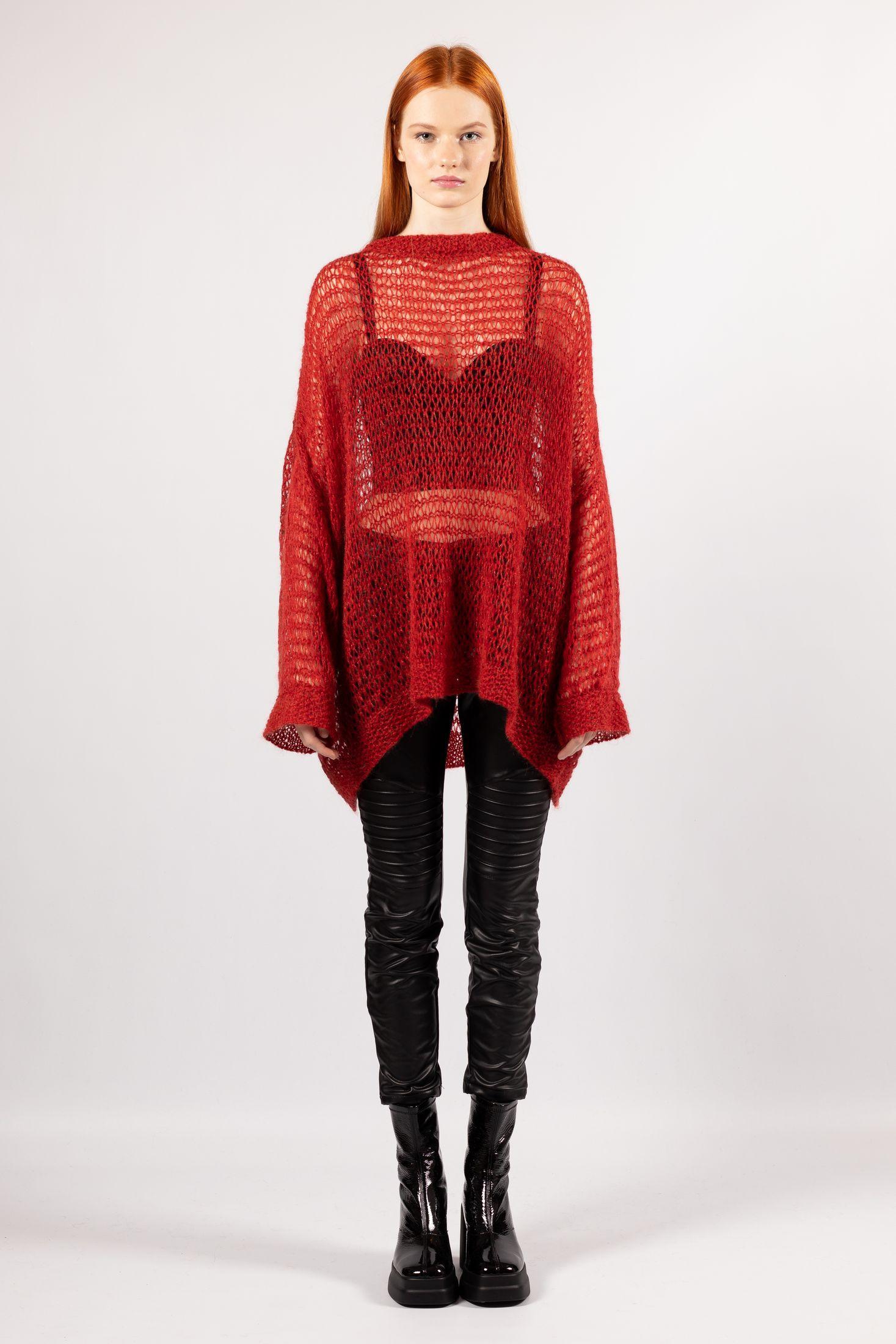 Elegant IDA red mohair tunic sweater with a beautifully crafted open-loop pattern in hand-knit design