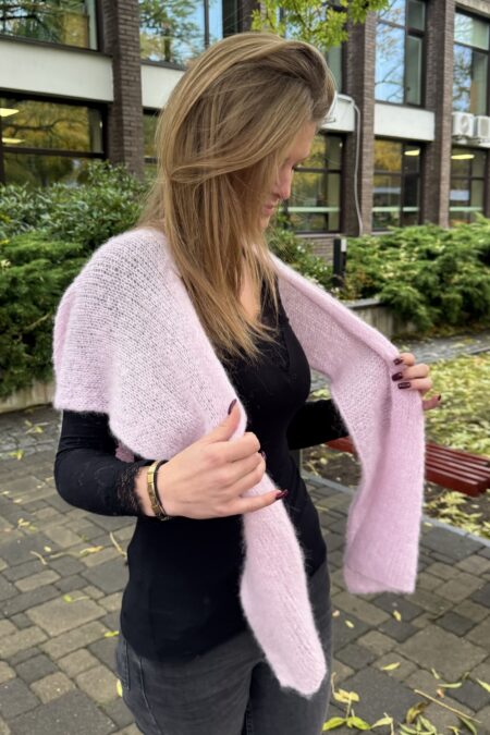Woman in black alpaca silk scarf with sleeves looking elegant and refined