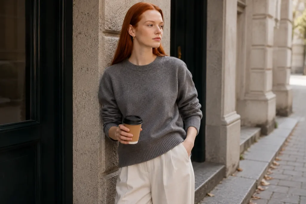 Grey Sweater Outfits for Women: Styling Ideas for Every Occasion 3 Woman wearing a grey cashmere sweater while holding a coffee in a modern city street
