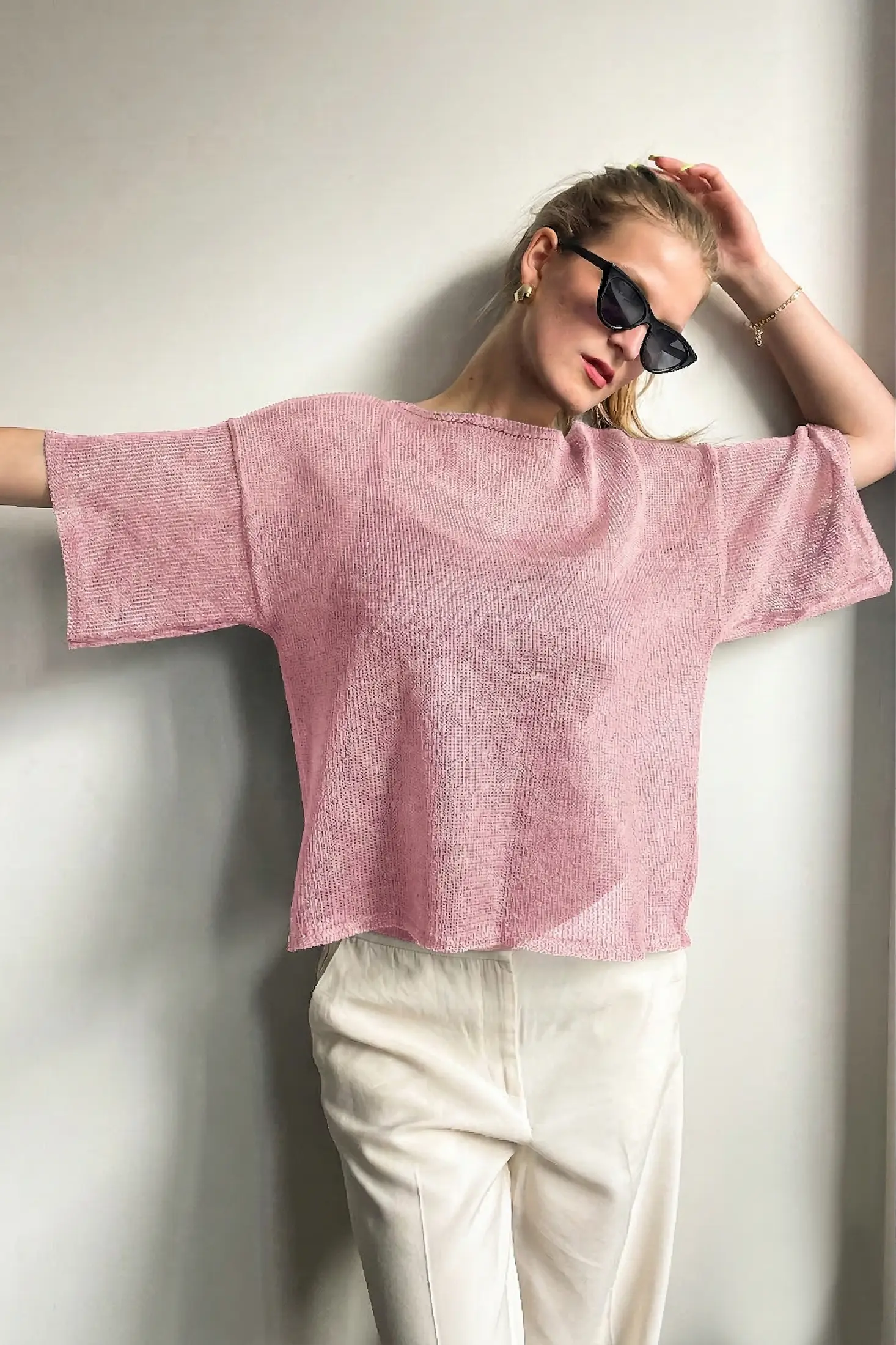 Dusty Pink Linen Knit Top KAYA – Handcrafted Open Knit Linen Top