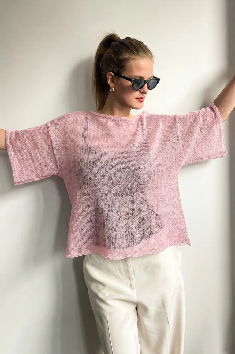 dusty pink linen knit top women handmade summer KAYA front view